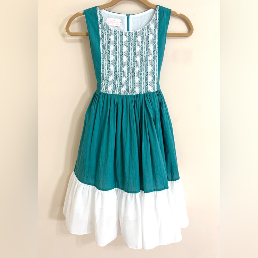 THINK PINK BOWS Girls‎ Teal Tiered Dress 8 Lace Heirloom Sleeveless Cottagecore